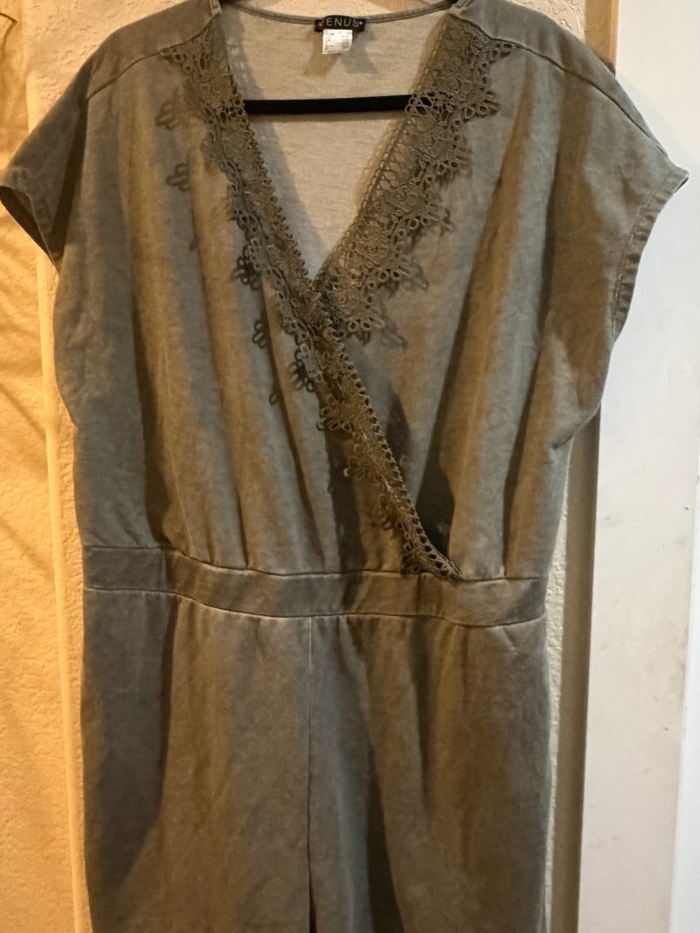 VENUS Olive Green Lace-Trim Romper